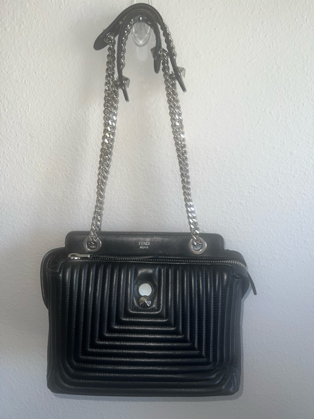 Fendi Black Quilted Leather Shoulder Bag with Silver Chain